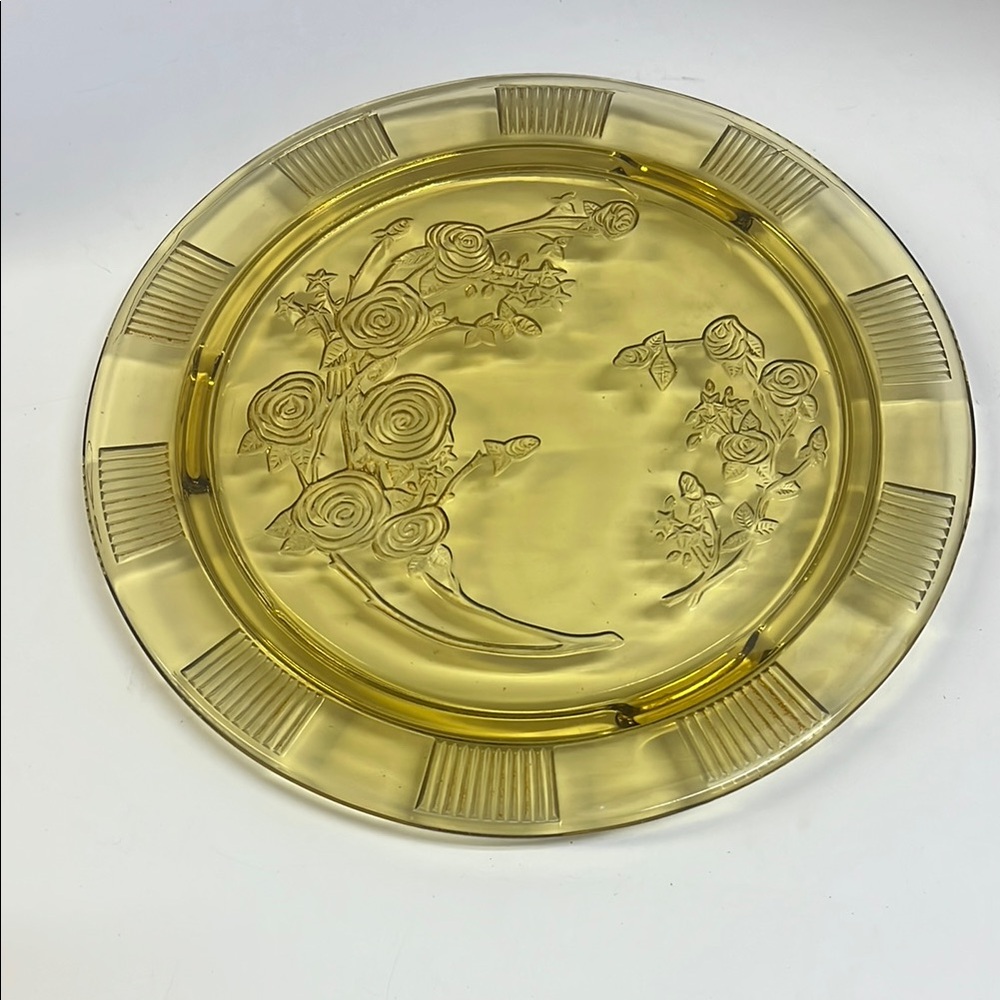 Depression Glass Cabbage Rose Gold Footed Glass Plate